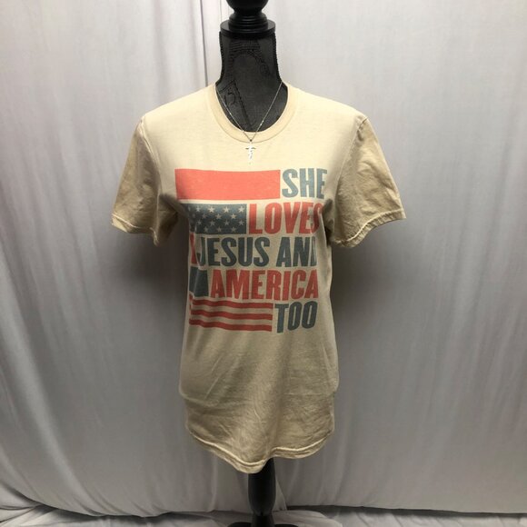 She Loves Jesus and America T-Shirt Womens Size Small Tan Distressed Looking NEW - Picture 1 of 8